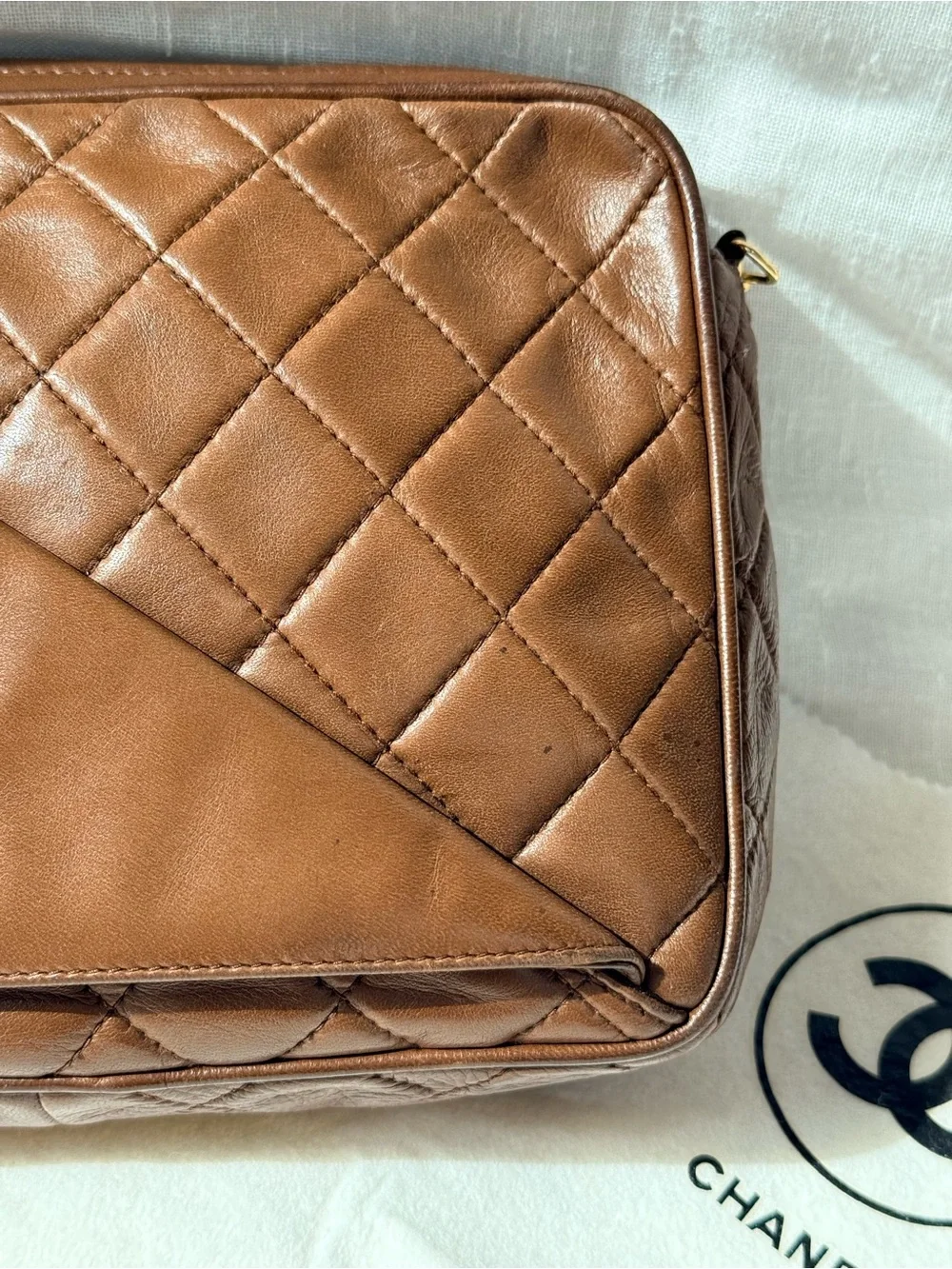 Vintage CHANEL Brown Lambskin Tassel Camera Bag CC Gold Chain 1 Series Rare